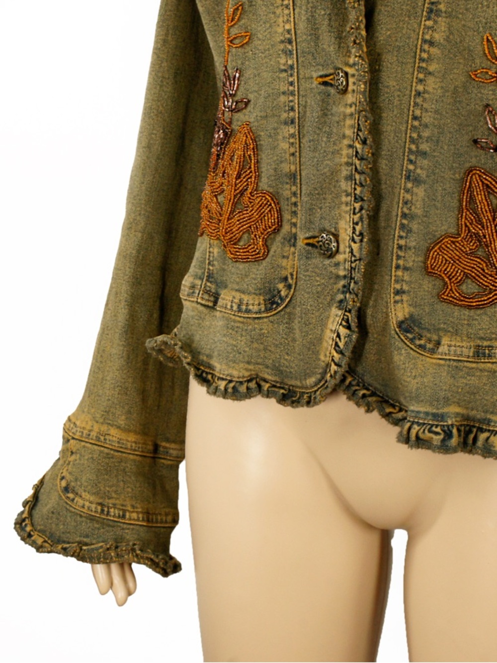 Vintage 2000s Y2K Floral Leaf Beaded Embroidered Flare Sleeve Demin Jean Jacket - Picture 2 of 9